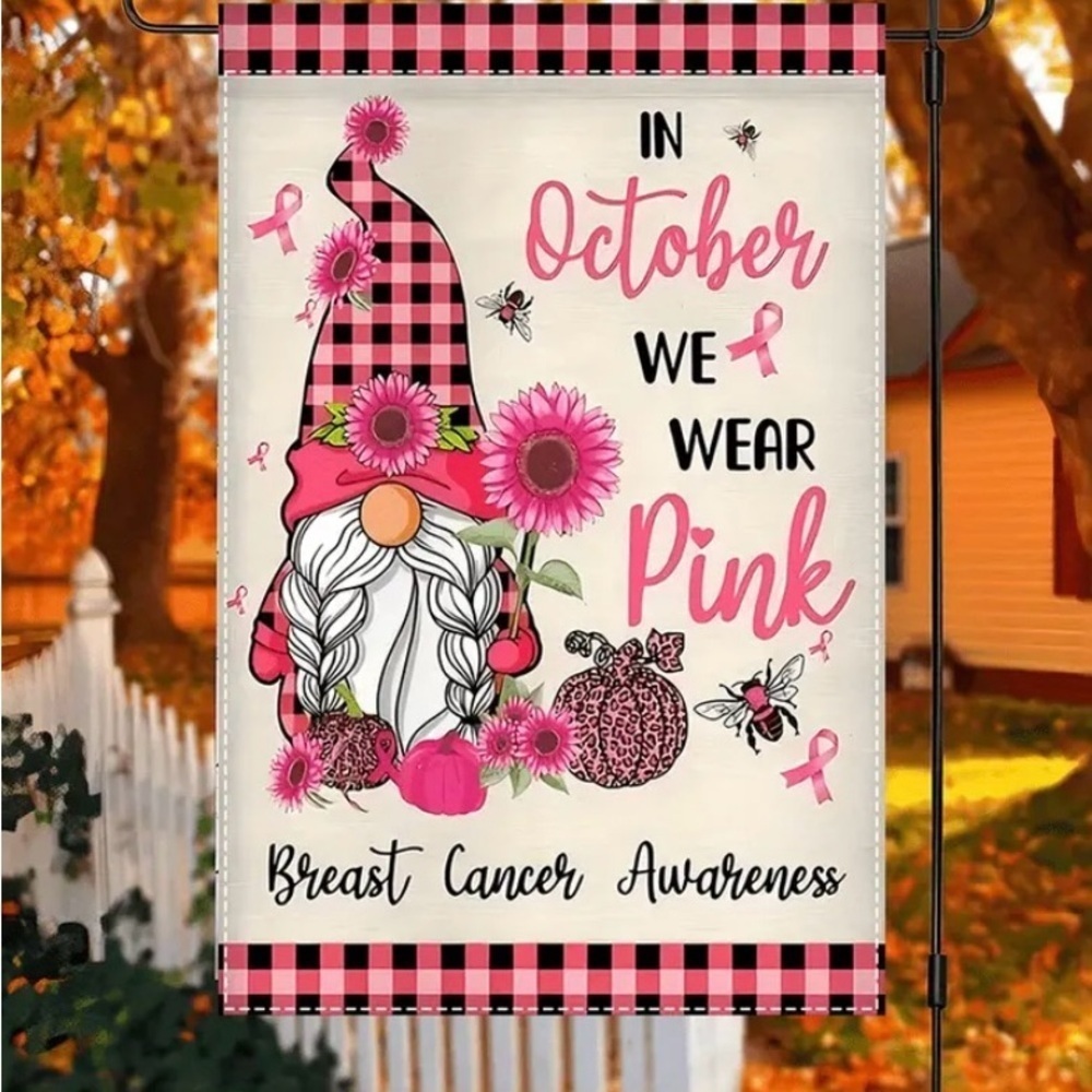Breast Cancer Awareness Cute Gnome Garden Flag